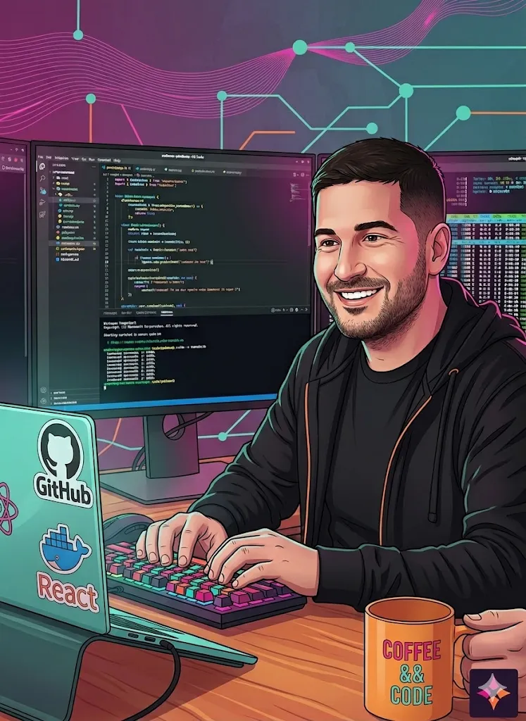 Retrato ilustrado de Nacho Ruiz programando